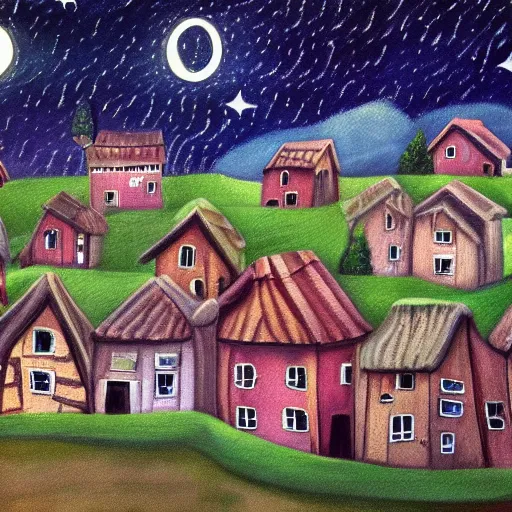 Image similar to a painting of a small village with crooked wooden houses designed by Tim Burton, the village is on a hill, the sky is dark with stars shining through, 4K,