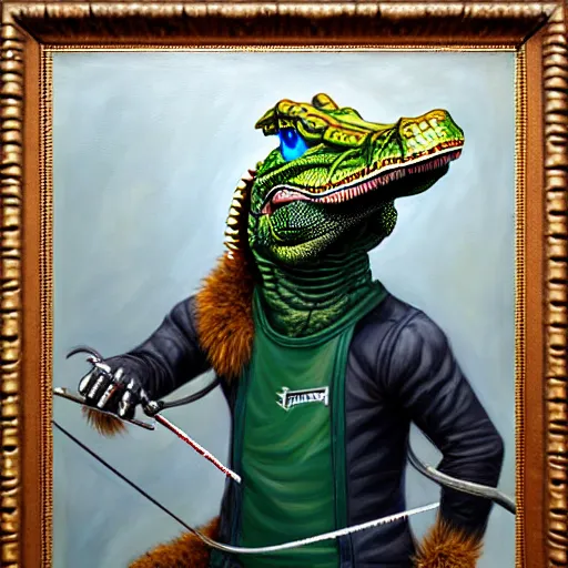 Prompt: an anthropomorphic male alligator fursona in fencing gear, furry art, oil on canvas, dramatic