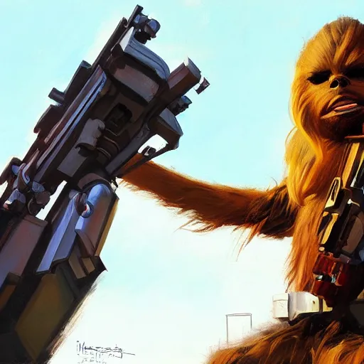 Image similar to greg manchess portrait painting of chewbacca as overwatch character, medium shot, asymmetrical, profile picture, organic painting, sunny day, matte painting, bold shapes, hard edges, street art, trending on artstation, by huang guangjian and gil elvgren and sachin teng