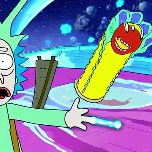 Prompt: rick and morty battle spongebob squarepants in space, galaxy, hd, explosions, gunfire, lasers, spatula, giant, epic, showdown, colorful