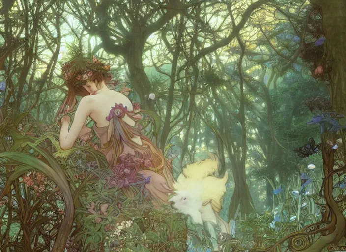 Image similar to desktop background, beautiful fantasy forest, magical creatures, path traced, highly detailed, high quality, digital painting, by studio ghibli and alphonse mucha, leesha hannigan, hidari, art nouveau, chiho aoshima, jules bastien - lepage