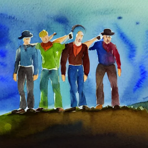 Prompt: watercolor painting of four men as an adventure party. they stand in dynamic pose as a team. visible brushstrokes. 8 k. expressive. dynamic lighting. realistic.