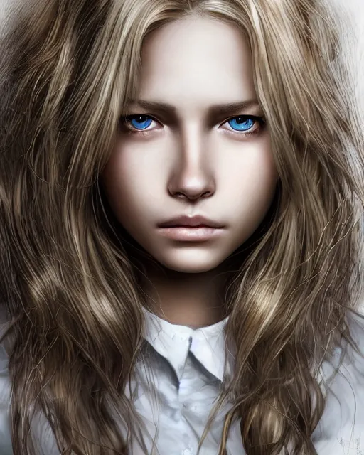 Prompt: portrait of 1 6 - year - old woman with dirty blonde hair down to her waist, pale eyebrows and protuberant silver eyes, wearing white shirt, hyper realistic face, beautiful eyes, character art, art by mark brooks, hyperdetailed, cryengine, trending on artstation, digital art