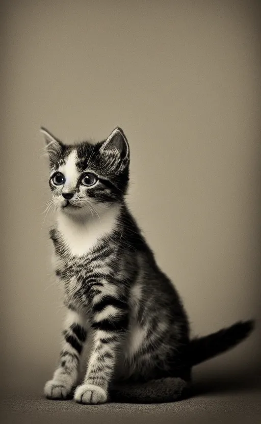 Prompt: Award winning Editorial photo of an adorable kitten standing by Edward Sherriff Curtis and Lee Jeffries, 85mm ND 5, perfect lighting, gelatin silver process