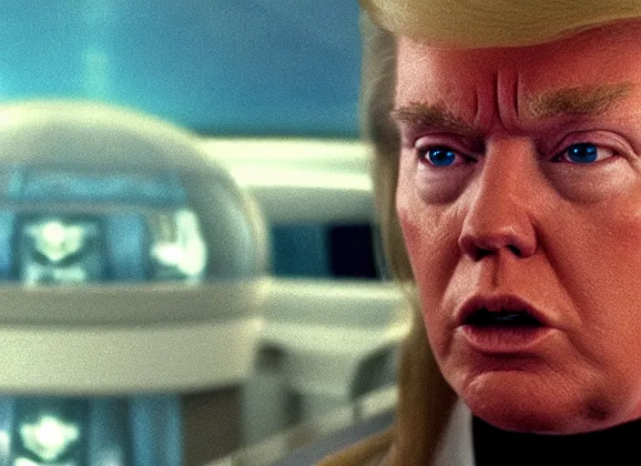 Prompt: screenshot from moody scene of Donald Trump dreaming on a spaceship, scene from the film Contact 1999 film directed by Jodi Foster, kodak film stock, anamorphic lens, 4K, film grain, detailed, stunning cinematography