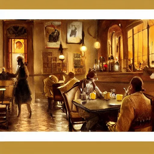 Image similar to brown cat with yellow eyes is sitting at table in a cafe at paris in early 2 0 th century. atmospheric feeling, warm colours, brown colours, yellow colours, epic scene, cinematic, very detailed, concept art, trending on artstation