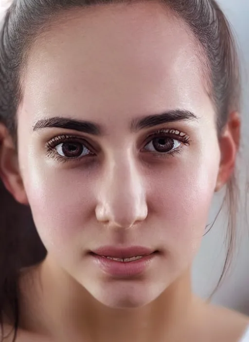 Prompt: A close-up photo of a beautiful Turkish 22 year old girl with hazel eyes, wide forehead and pink cheeks. Her hair is straight and tied into a ponytail. She is looking at the camera with a slight smile. A sense of awe, beauty, Detailed face features, hyper realism, studio, bokeh, shallow depth of field, neutral background, telephoto lens, photography from Vogue magazine, by Martin Schoeller, Sigma 500mm f/5