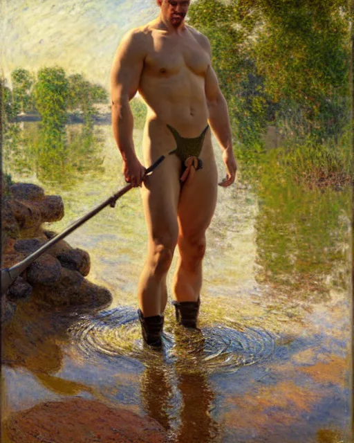 Image similar to muscular soldier wading through a river, long rubber wading boots, sunlight shining on his skin, reflective water, painting by tom of finland, gaston bussiere, craig mullins, j. c. leyendecker, claude monet