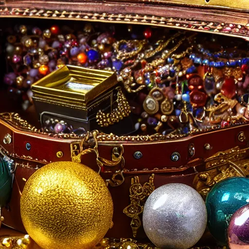 Prompt: A treasure chest filled with jewels and golden artefacts, 4k, hdri, museum quality photo
