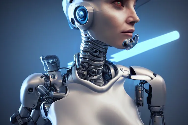 Image similar to cyberpunk alien concept inspired female robot, futuristic look, highly detailed body, very powerful, photorealistic camera shot, bright studio setting, studio lighting, crisp quality and light reflections, unreal engine 5 quality render