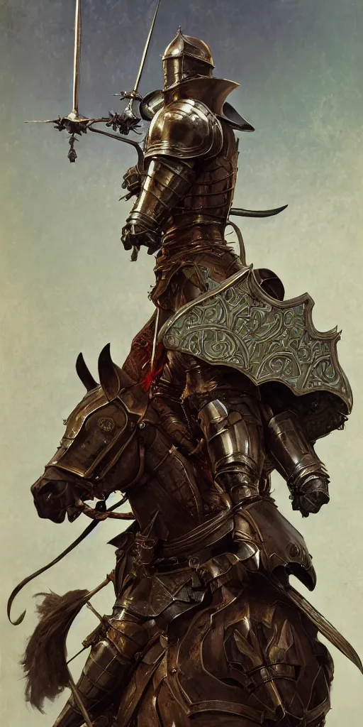 Prompt: fantasy male knight, concept art, schematics, gnarly details painted by norman rockwell, mucha, james gurney, tom bagshaw, high detail, denoised, sharp, architectural