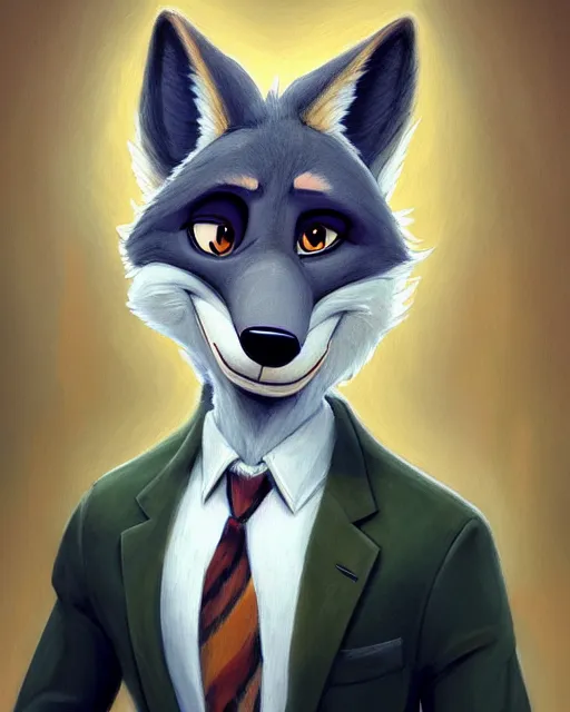 Image similar to oil painting of anthromorphic female wolf, in style of zootopia, zootopia, zootopia, fursona, furry, furaffinity, 4 k, deviantart, furry art, fursona art, wearing black business suit, business suit, in style of zootopia, wolf fursona, cyberpunk, female, very very very expressive detailed feminine face,