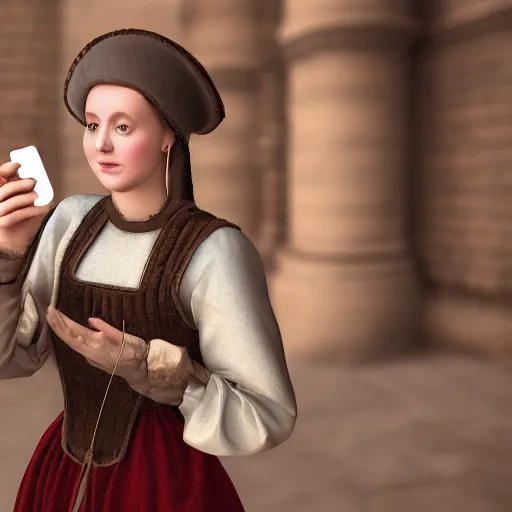 Prompt: 1 4 th century woman!!!! with an iphone in her hand, 4 k, 8 k, photorealistic imagery