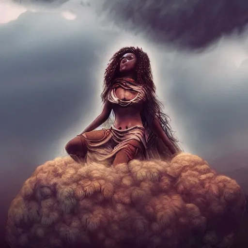 Image similar to a colossal goddess is watching us from above, creative, brown skin, giant, digital art, village, town, highly detailed, photo manipulation, up there, dark clouds, dark gray hair, digital painting, on fire, smoke, artstation