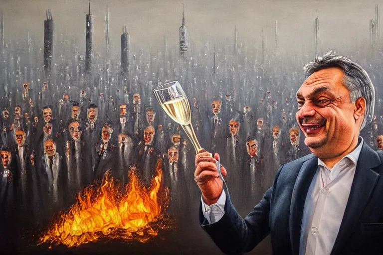 Image similar to viktor orban drinking champagne and cheering at the apocalyse in front a burning city, highly detailed eyes, oil on canvas