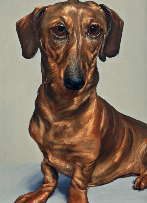 Prompt: Old dachshund, painted by Lucian Freud, very detailed, 8k