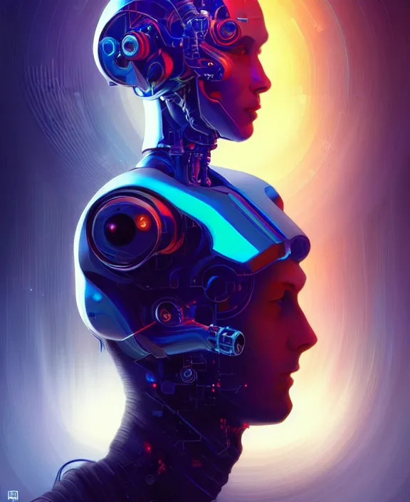 Image similar to a whirlwind inside the metaverse, guy, man, science, machine face, futuristic, hologram, half body, neurochip, android, cyborg, cyberpunk face, by loish, d & d, fantasy, intricate, elegant, highly detailed, colorful, digital painting, artstation, concept art, art by artgerm and greg rutkowski and alphonse mucha