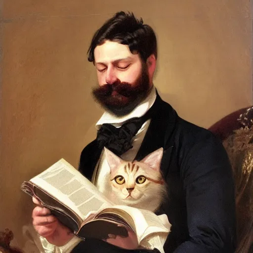 Image similar to Highly detailed oil painting of a cat wearing as gentleman reading a book, 19th century oil on canvas, by Franz Xaver Winterhalter, 8k