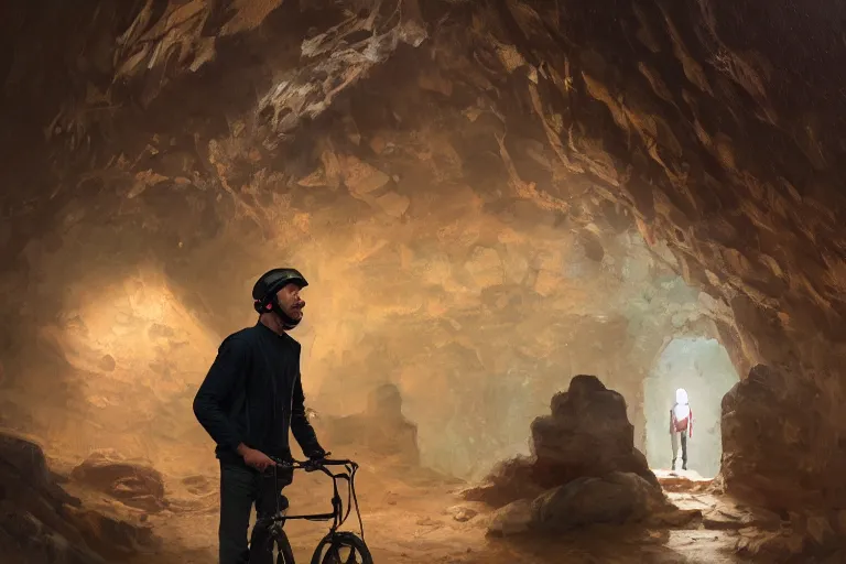 Prompt: a guy with a helmet explores an art gallery in a cave, expressive oil painting, digital art, by dan mumford, by greg rutkowski, volumetrics, octane render