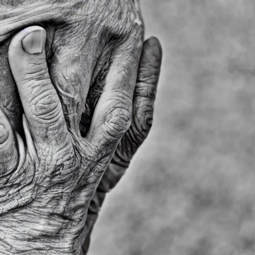 Prompt: closeup photograph of an old, wrinkled hand. Shallow depth of field. Strong keylight.