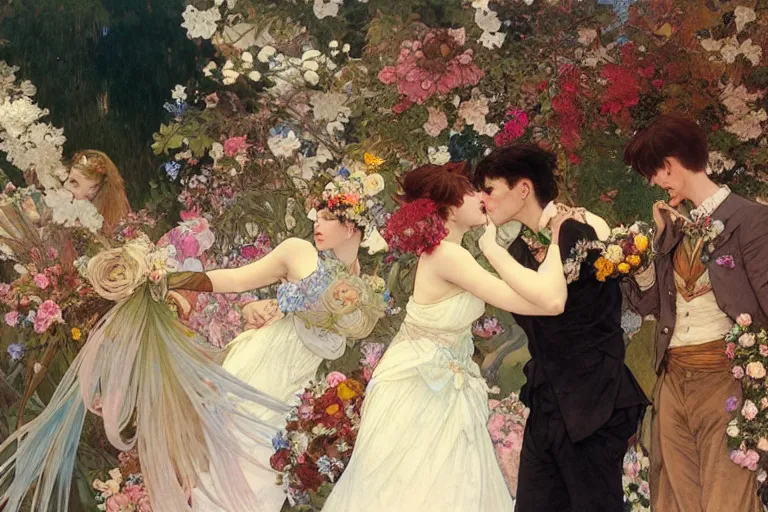 Image similar to the groom kisses the bride at a wedding full of flowers, bright and happy, dreamlike art, highly detail, 4 k realistic, wedding photoy krenz cushart. artem demura. alphonse mucha. yoji shinkawa artgerm. jon lothian. danilo torres. adi meyers. thomas reimann. gaston bussiere.