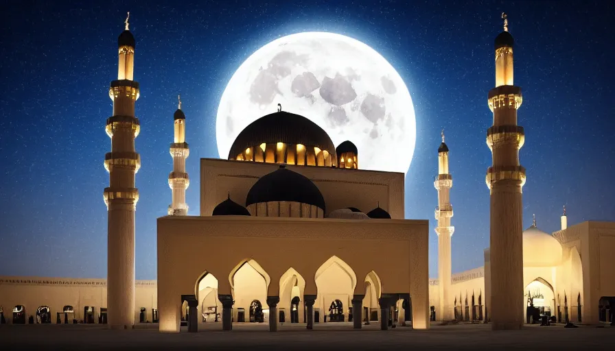 Image similar to photo of beautiful mosque under a giant full moon, glowing arabic symbols floating in the air, cinematic, extreme detail, sharp focus, masterpiece,