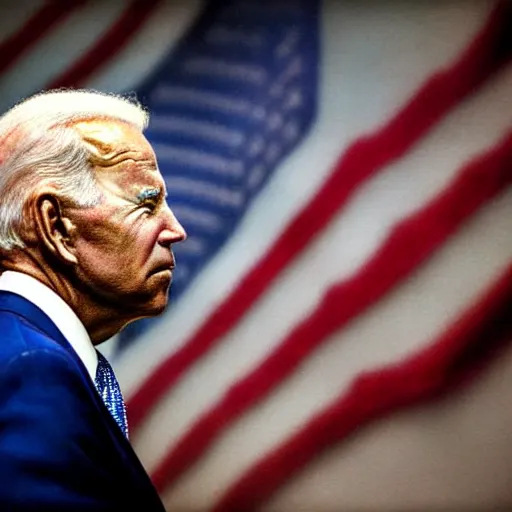 Image similar to A beautiful mixed media art of Joe Biden in profile, with their features appearing both in front of and behind their head. by David Burdeny funereal