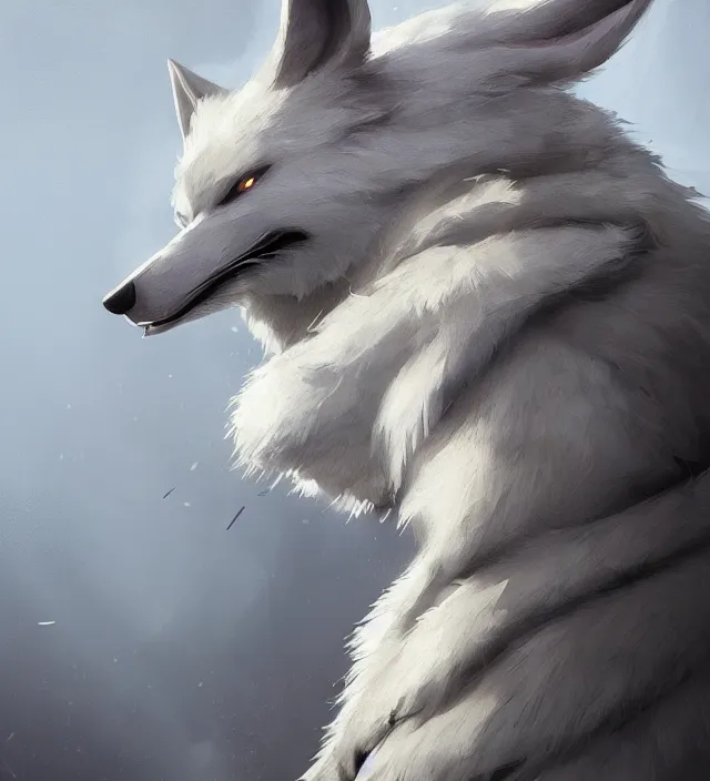 Image similar to a beautiful portrait of a handsome male anthropomorph white wolf furry fursona wearing a hoodie. character design by cory loftis, fenghua zhong, ryohei hase, ismail inceoglu and ruan jia. artstation, volumetric light, detailed, photorealistic, rendered in octane