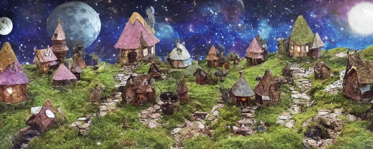 Prompt: small fairy village on the moon