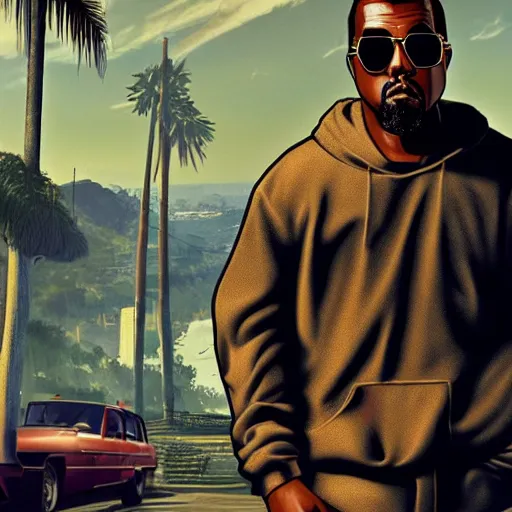 Prompt: Kanye West in GTA V, cover art by Stephen Bliss, artstation, no text