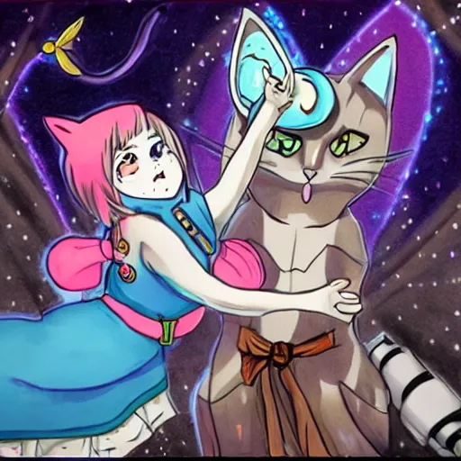 Prompt: magical cat lizard fight with robot cat girl, trending on art, anime
