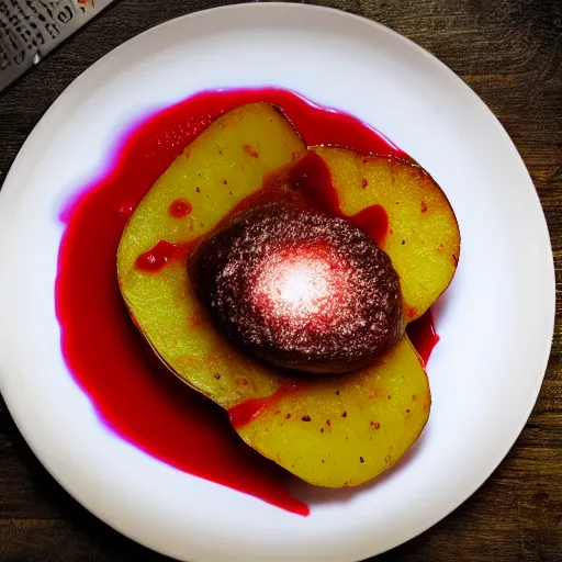 Image similar to El Bulli dish - Potato with Ketchup, food photography, award winning, mind-bending