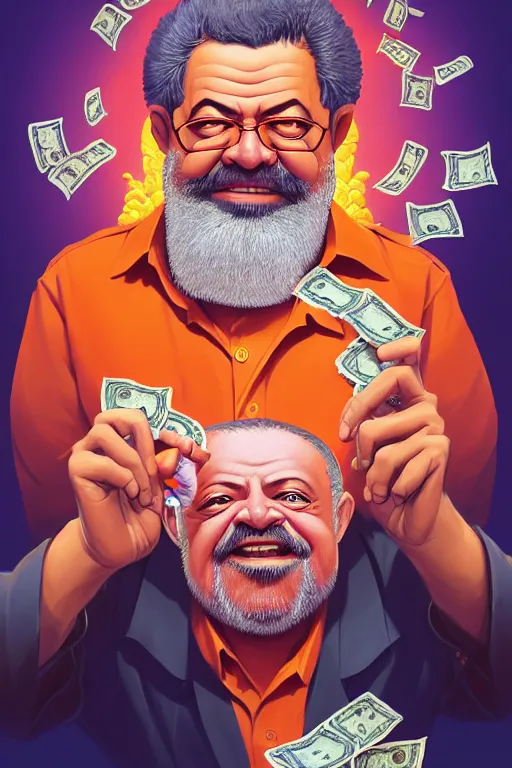 Image similar to a highly detailed beautiful portrait of Luiz Inácio Lula da Silva in Hell wearing a hawaiian shirt, counting money in front of people, highly detailed, 2d game fanart behance hd by Jesper Ejsing, by RHADS, Makoto Shinkaih and Lois van baarle, ilya kuvshinov, rossdraws global illumination, cinematic , hyper-reslistic, depth of field, coherent, high definition, 8k resolution octane renderer, artstation
