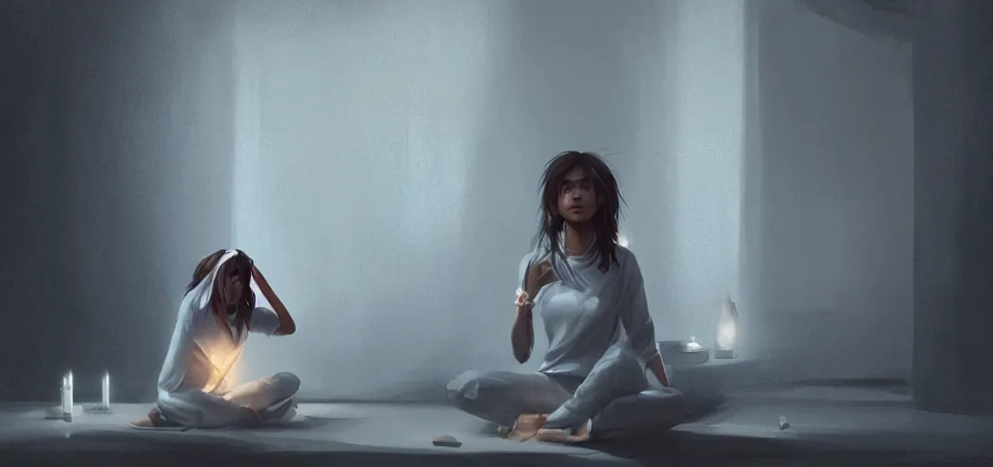 Image similar to Young Himalayan woman sitting concerned in an empty room with loneliness using psychic powers to make a lighter float| night time scene, plain walls |somber white eyes, long messy hair | gentle lighting, futuristic, dim lighting, digital art by Makoto Shinkai ilya kuvshinov and Wojtek Fus, digital art, concept art,