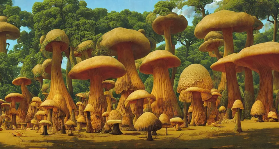 Image similar to A tribal village in a forest of giant mushrooms, by Thomas Blackshear