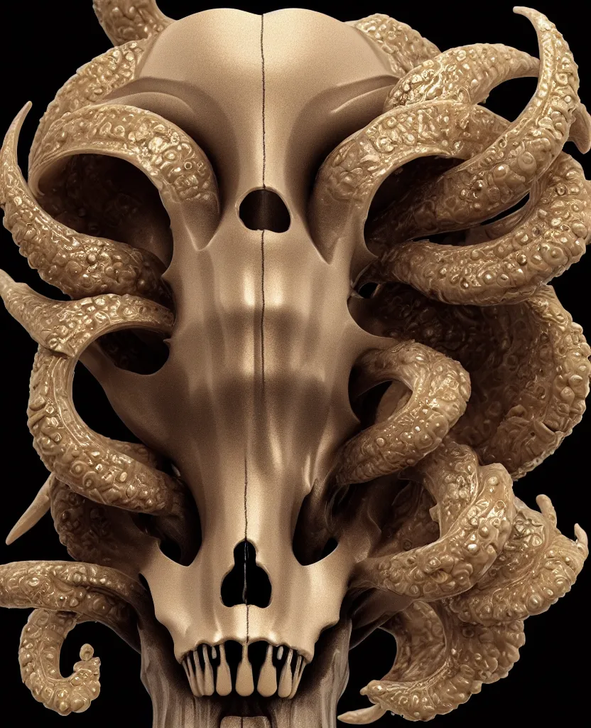 Image similar to goddess princess face close-up portrait ram skull. sculpture made of black clay and gold. jellyfish phoenix head, nautilus, orchid, skull, betta fish, bioluminiscent creatures, intricate artwork by Tooth Wu and wlop and beeple. octane render, trending on artstation, greg rutkowski very coherent symmetrical artwork. cinematic, hyper realism, high detail, octane render, 8k