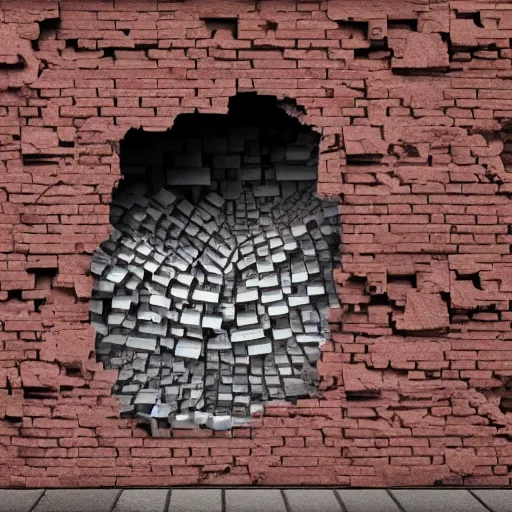 Image similar to a stock photo image of a render of a wall collapsing brick by brick