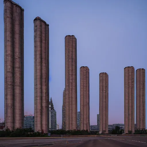 Image similar to a wide shot of a soviet beautiful brutalist monumental multi - building structure, tall buildings with spaceship parking lots on top, with many rounded elements sprouting from the base tower creating a feel of an organic structure, photography shot at blue hour