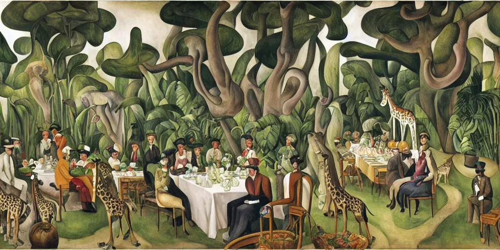 Image similar to elegant victorian tea party with giraffes in an english summer garden patio, diego rivera - h 7 6 8