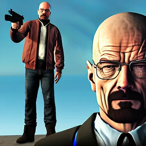 Image similar to walter white on the gta 5 cover art.