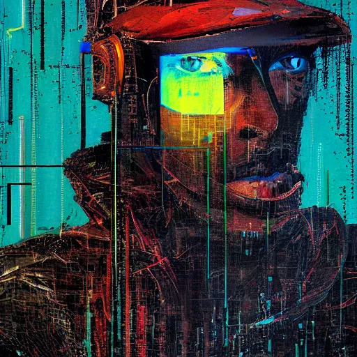 Prompt: portrait of a hooded character wearing a cyberpunk visor, digital ui, by Guy Denning, by Johannes Itten, by Russ Mills, glitch art, hacking effects, glitch effects, chromatic, color blocking, oil on canvas, concept art, abstract