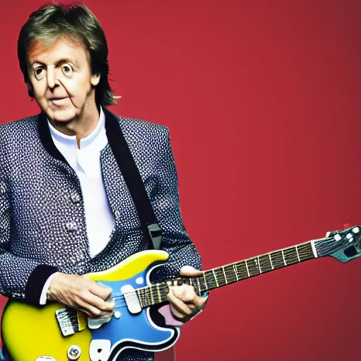 Image similar to Paul McCartney playing a Squier Hello Kitty Stratocaster, 8k, high definition, highly detailed, photorealistic