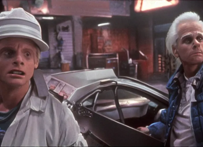 Image similar to screenshot from the iconic scene from the lost Back to the Future film directed by Martin Scorsese, cinematic lighting, unsettling set design with extreme detail, moody cinematography, with anamorphic lenses, crisp, detailed, 4k image, starring Marty Mcfly