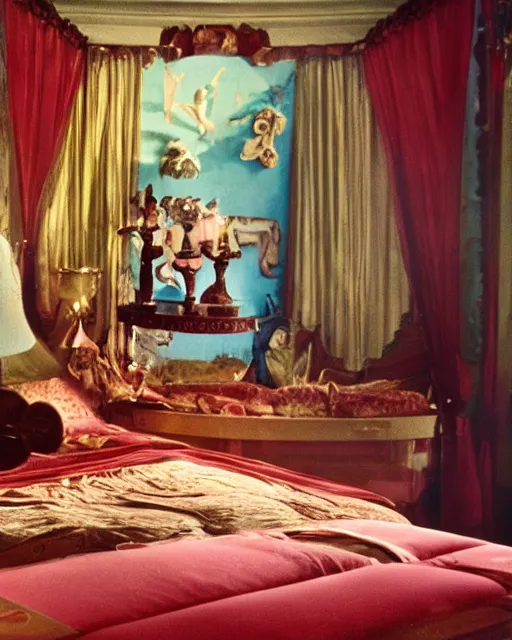 Prompt: the image is a lost hollywood film still 1 9 6 0 s photograph of the greek god hecate's bedroom. vibrant cinematography, anamorphic lenses, crisp, detailed image in 4 k resolution.