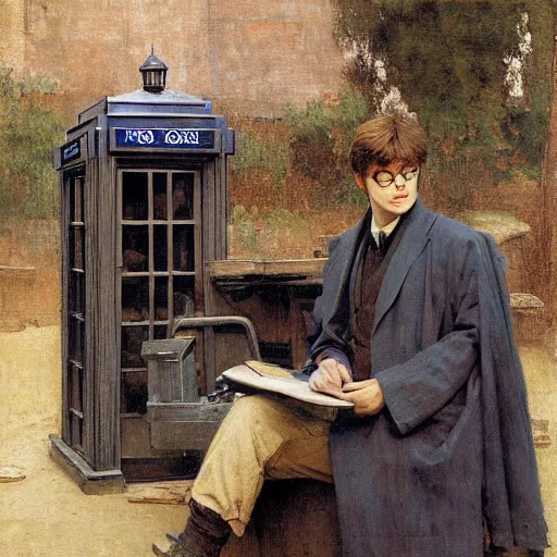 Image similar to harry potter at a tardis console, highly detailed, by jules bastien - lepage, jean - joseph benjamin - constant