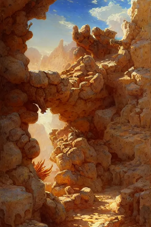 Prompt: a fantasy desert landscape, ruins, bones, rocks, arid ecosystem, digital illustration by gaston bussiere and leyendecker and artgerm, intricate details, surreal, photorealistic, award winning