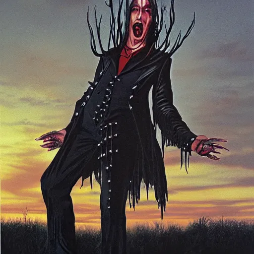 Prompt: vampire Mortiis floating in the air, sunset by Greg Hildebrandt. Wearing leather and spikes