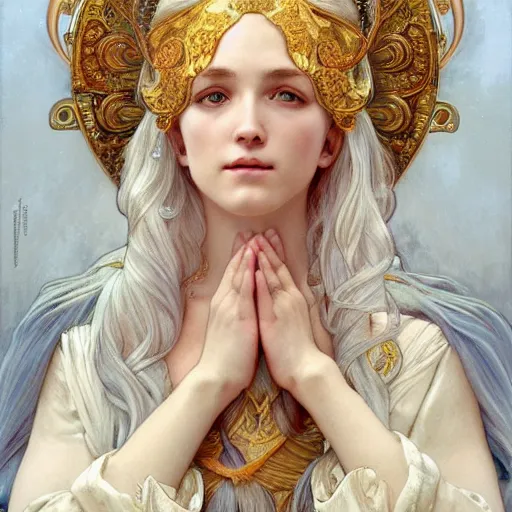 Prompt: goddess, white hair, long hair, praying, folding hands, artstation, highly detailed, georgeus, light background, by artgerm and alphonse mucha and gaston mussiere