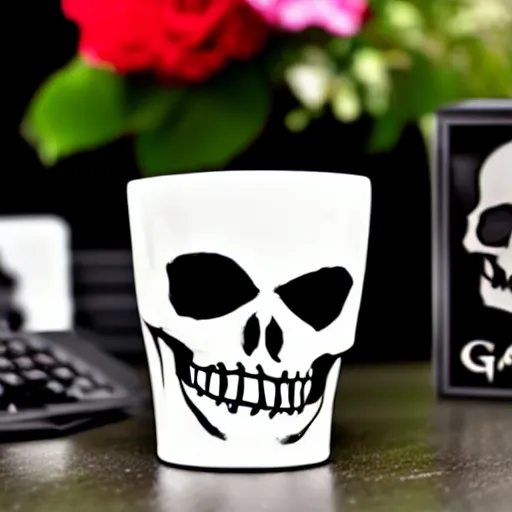 Image similar to a gothic style cup with a skeleton and the word'gamimg'on it