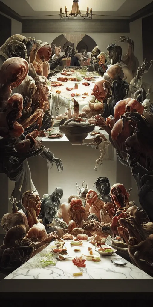Image similar to !13 hungry cannibals making a rich salad around a marble table, !positioned as last supper cinematic lighting, dramatic framing, highly detalied, 4k, artstation, by Rene Lalique and Wayne Barlowe